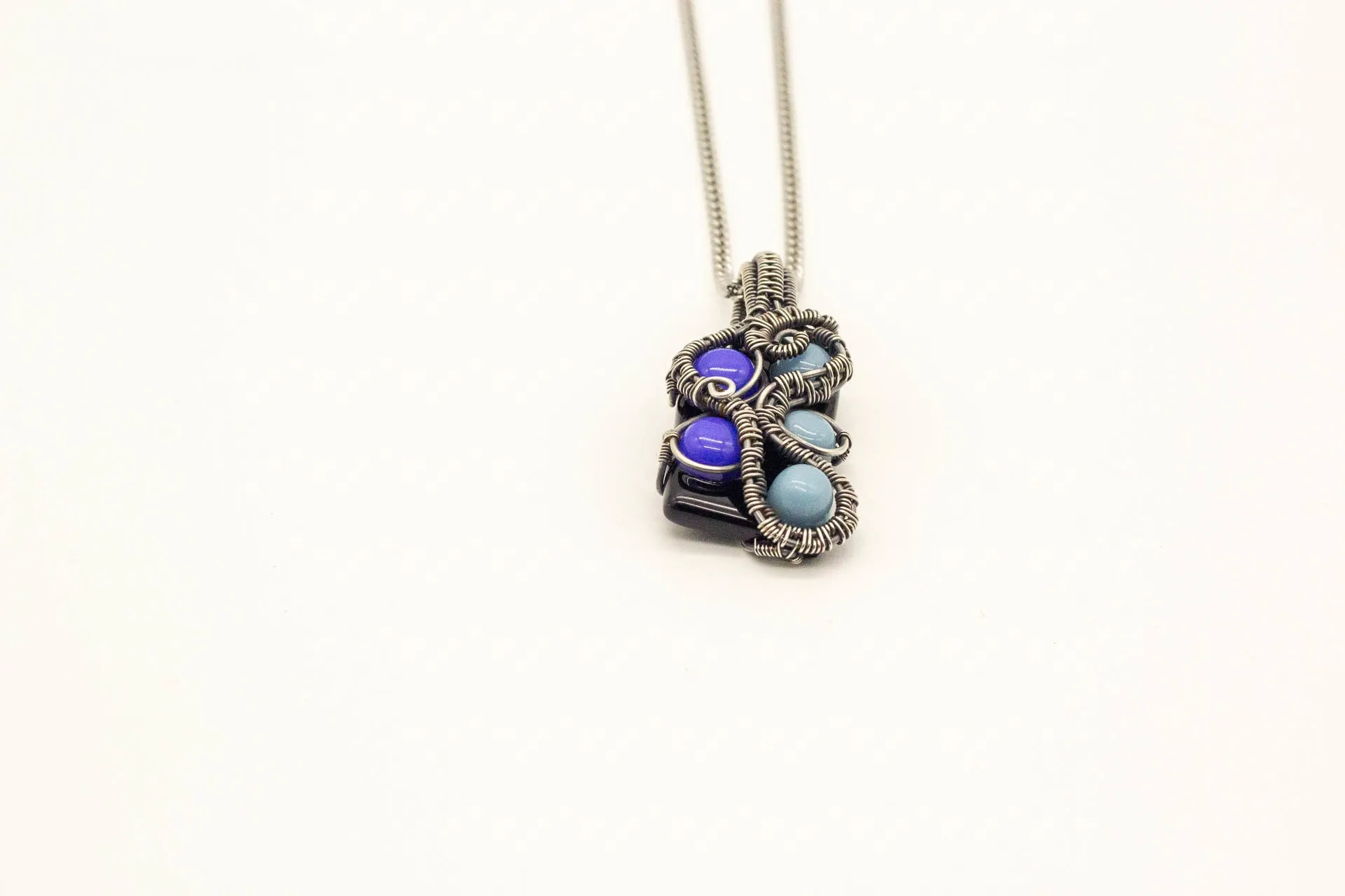 Shades of Blue Fused Glass Pendant with Sterling Silver Wire