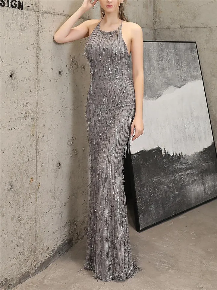 Shiny Halter Neck Full Length Womens Ball Dresses