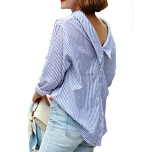 Shirt Long Sleeve Blue Striped Back Button Loose Casual Oversized Top Blouse Women Clothing