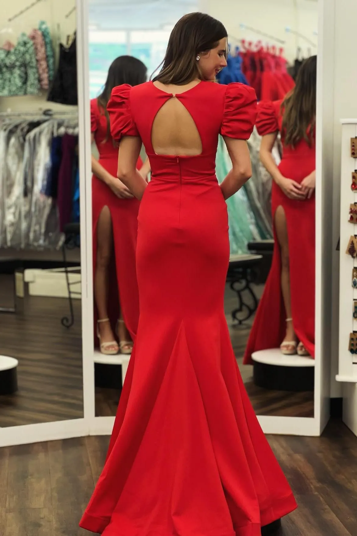 Short Sleeves Hot Pink V Neck Mermaid Long Formal Dress
