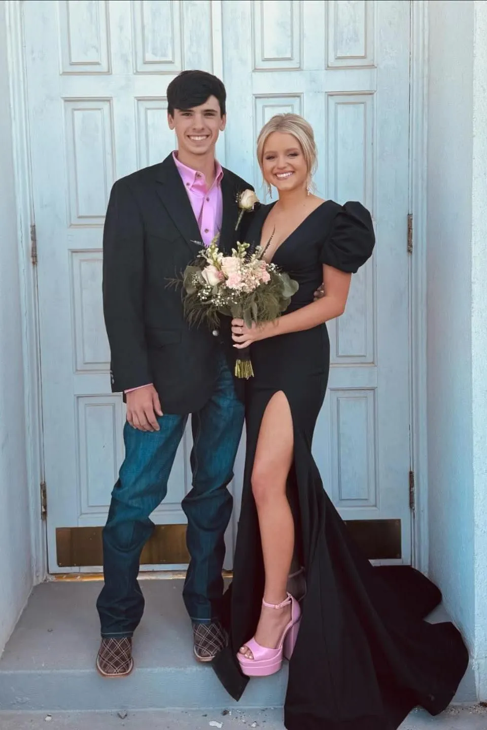 Short Sleeves Hot Pink V Neck Mermaid Long Formal Dress