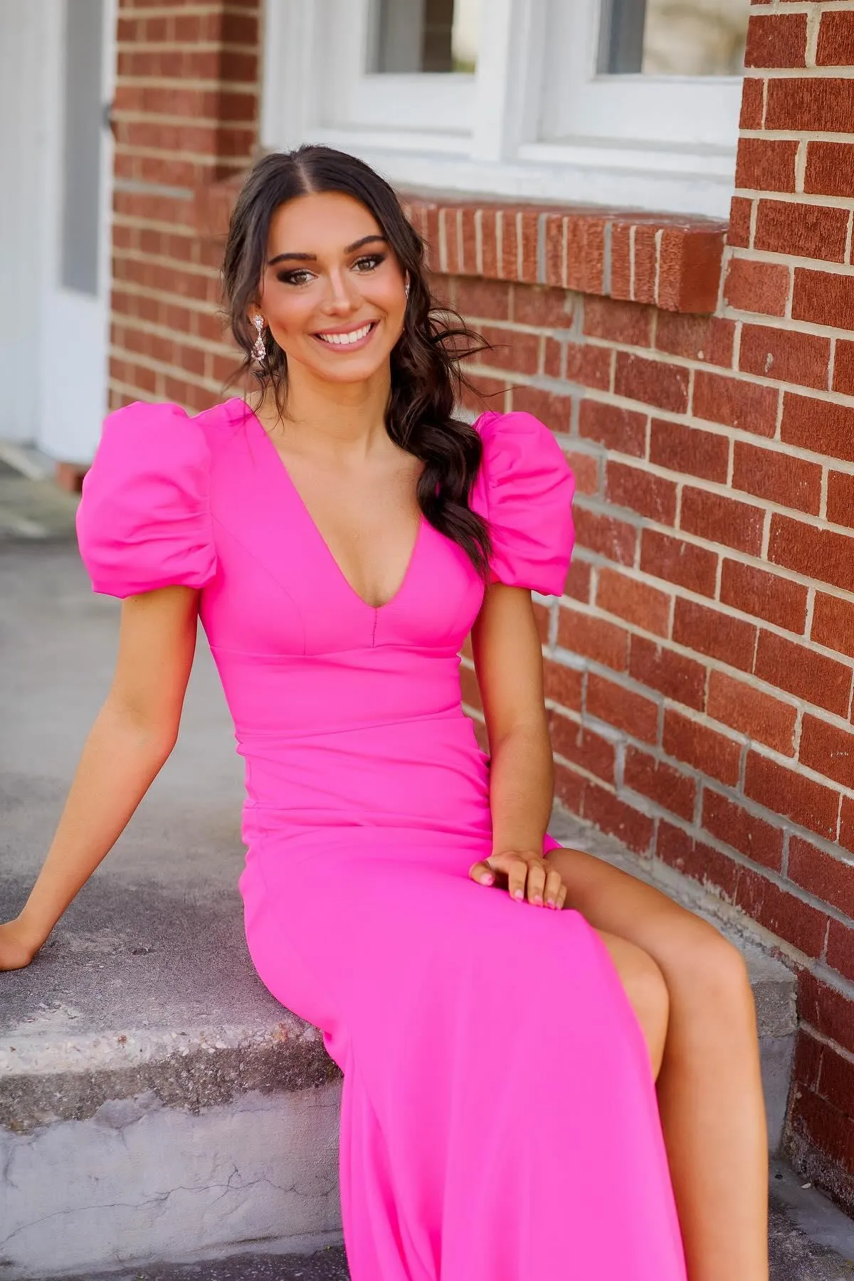 Short Sleeves Hot Pink V Neck Mermaid Long Formal Dress