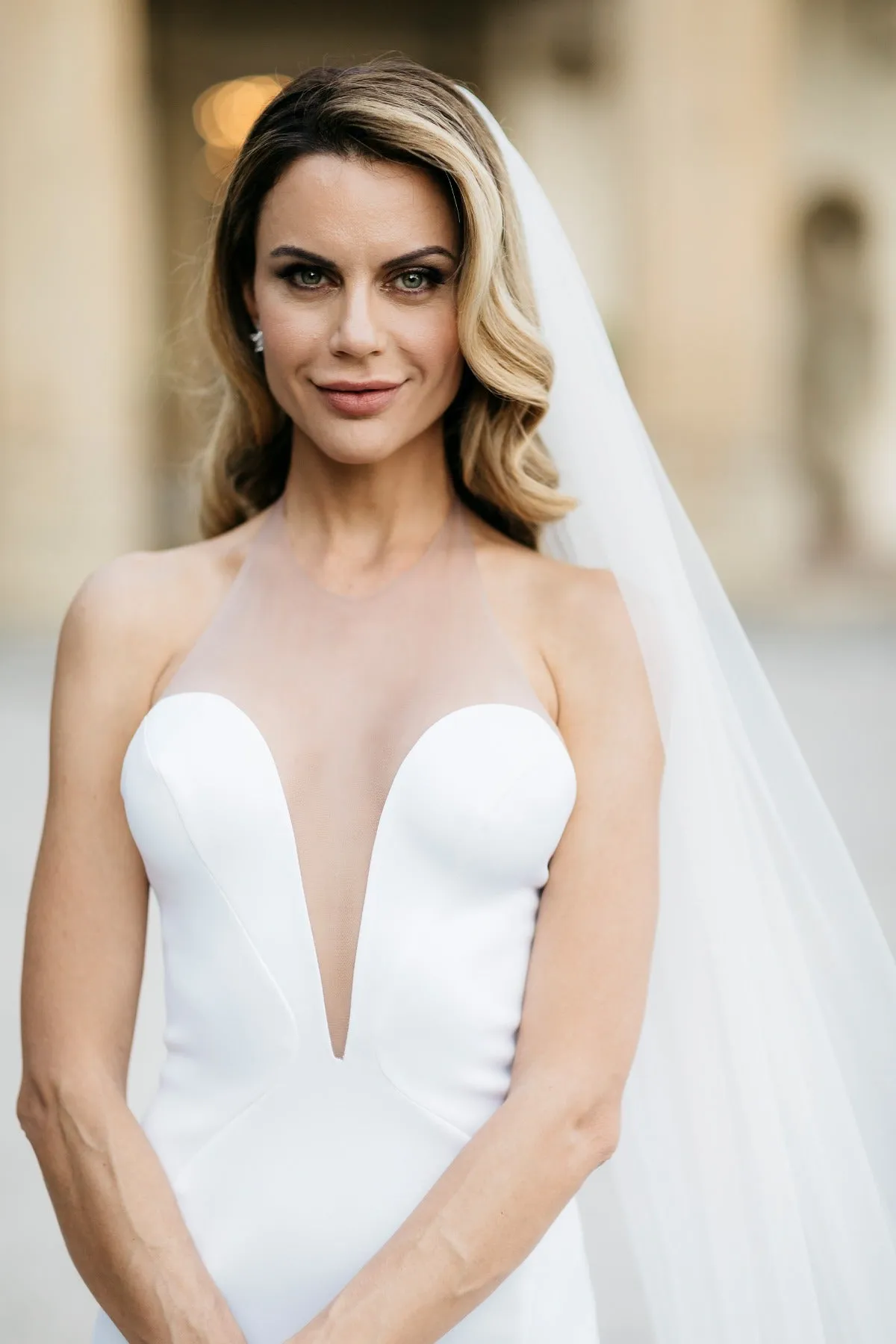 Simple Satin Fit&Flare Bridal Gowns with Illusion Neck