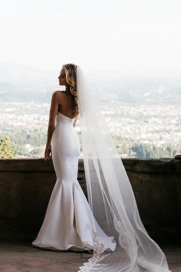 Simple Satin Fit&Flare Bridal Gowns with Illusion Neck