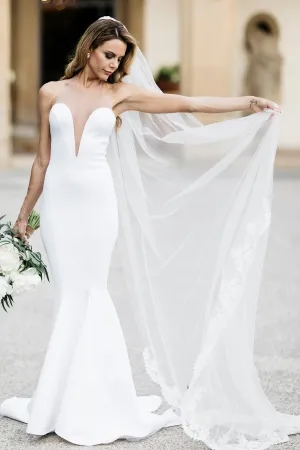 Simple Satin Fit&Flare Bridal Gowns with Illusion Neck