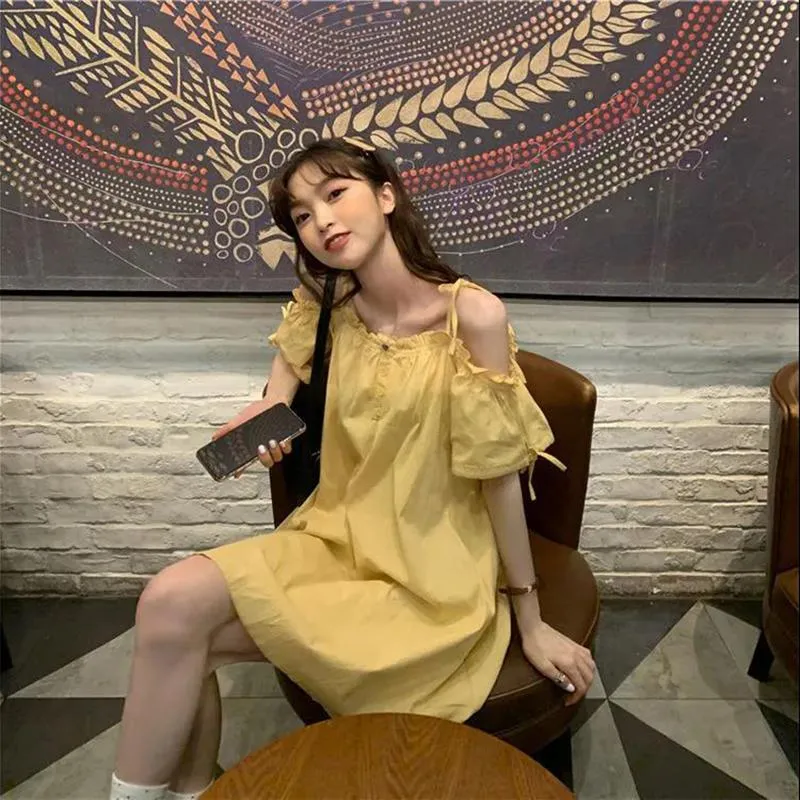 Skirts Are Loose and Thin In Summer Plain Loose Mid-skirts Suspender Skirts One-neck Dresses Women's Strapless Mid-length Dresses