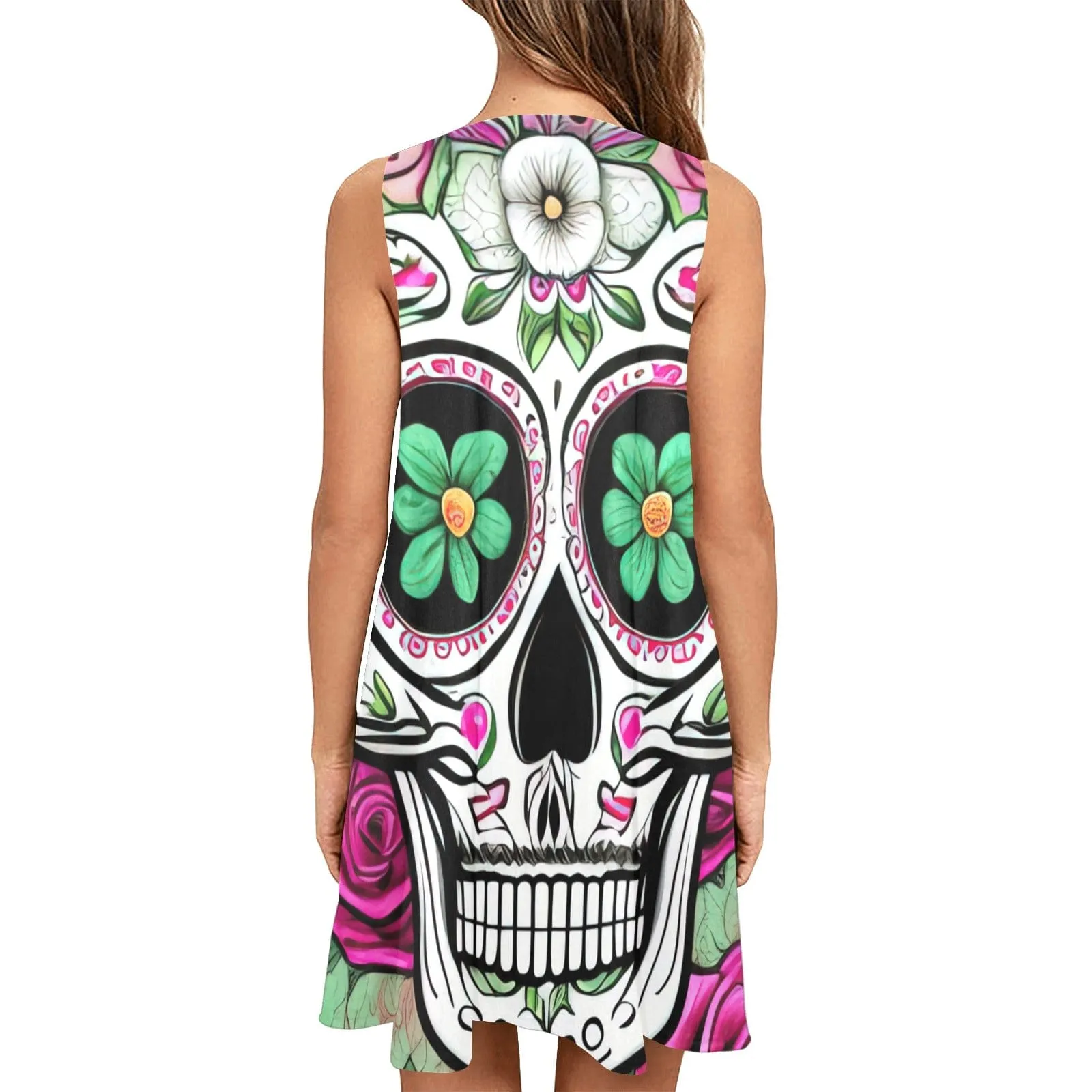 Skull Pink Floral Loose Women's Sleeveless A-Line Pocket Dress