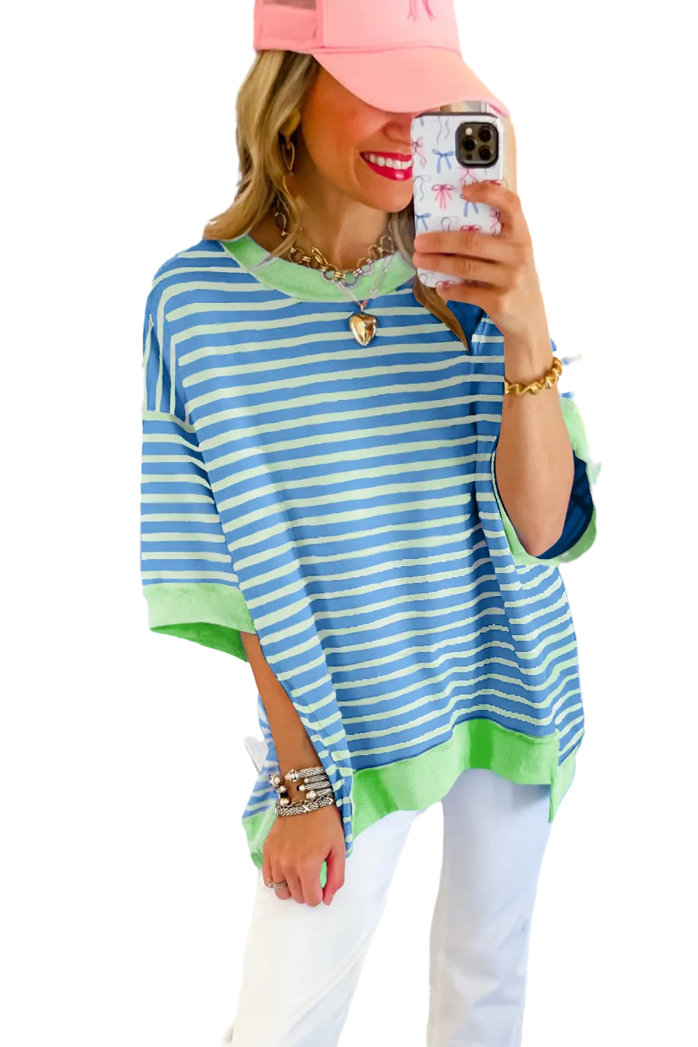 Sky Blue Stripe Contrast Drop Sleeve Loose Top