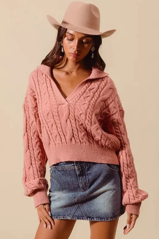 SO ME Cable Knit Deep V Neck Crop Swetaer Top