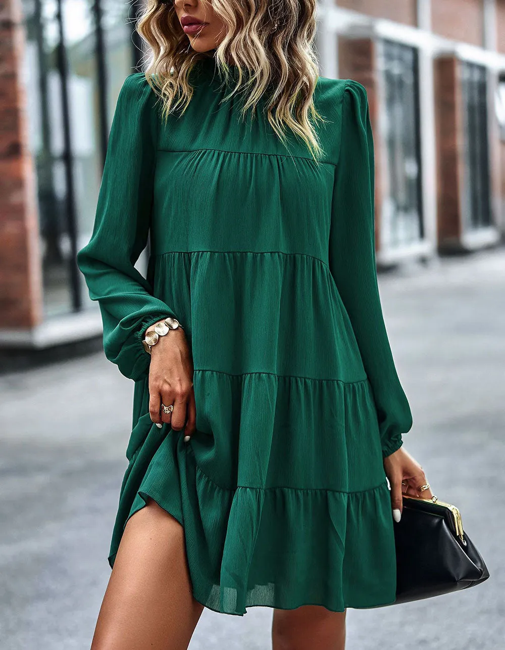 Solid-color Round Neck Long Sleeve Loose Short A-Line Ruffle Hem Dresses