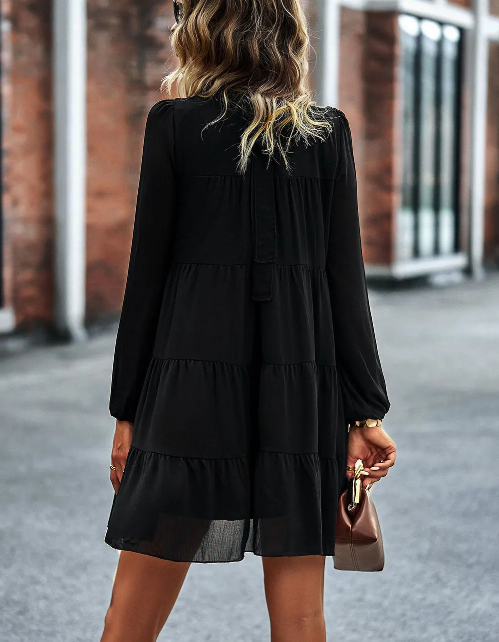 Solid-color Round Neck Long Sleeve Loose Short A-Line Ruffle Hem Dresses