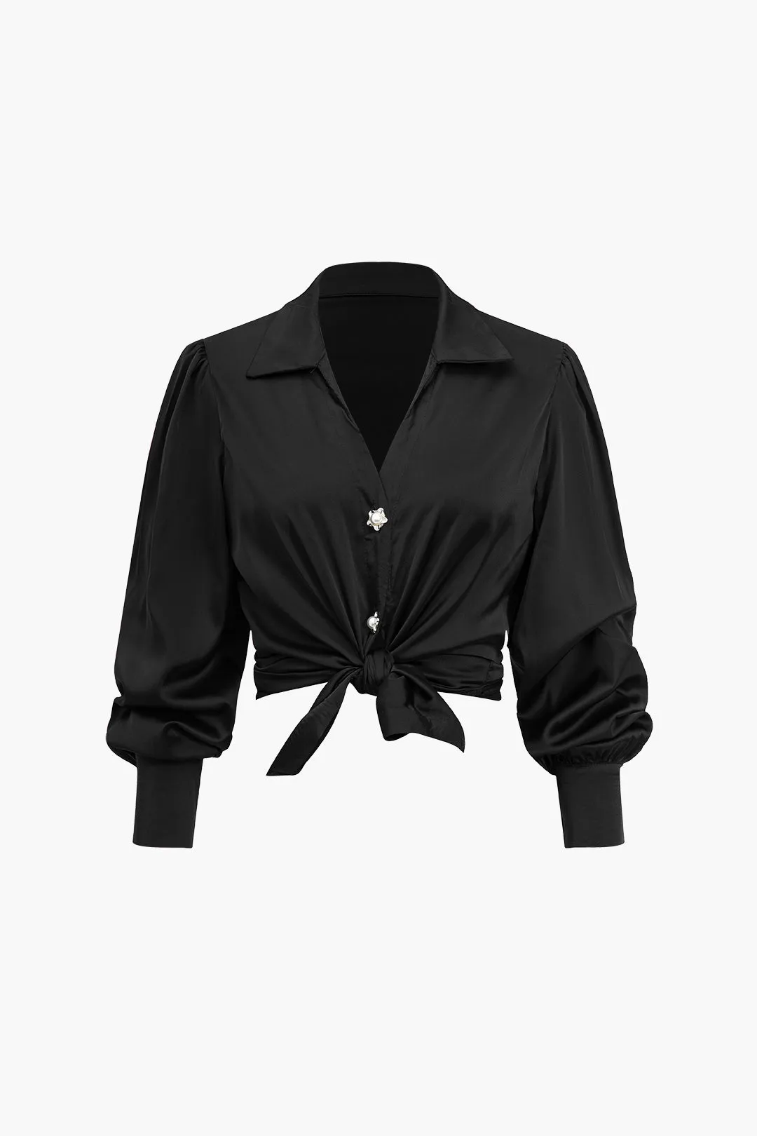 Solid Satin Button Long-Sleeve Shirt in Loose Fit