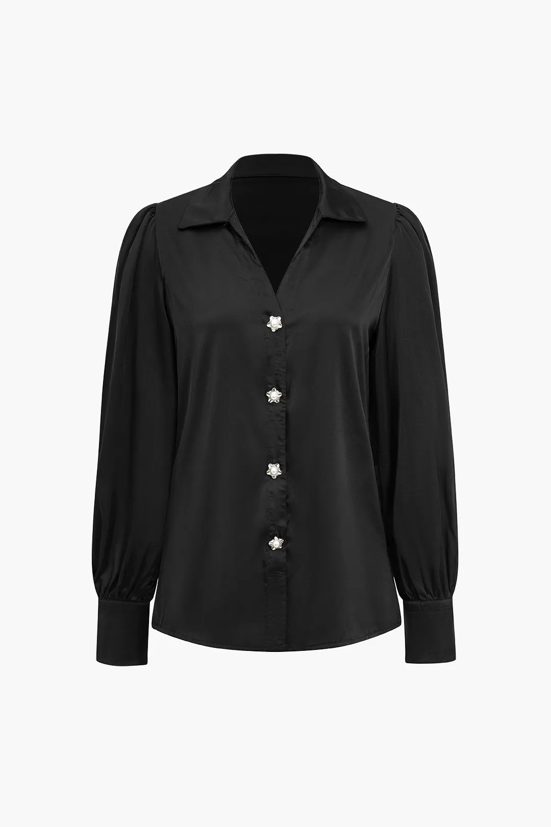 Solid Satin Button Long-Sleeve Shirt in Loose Fit