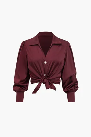 Solid Satin Button Long-Sleeve Shirt in Loose Fit