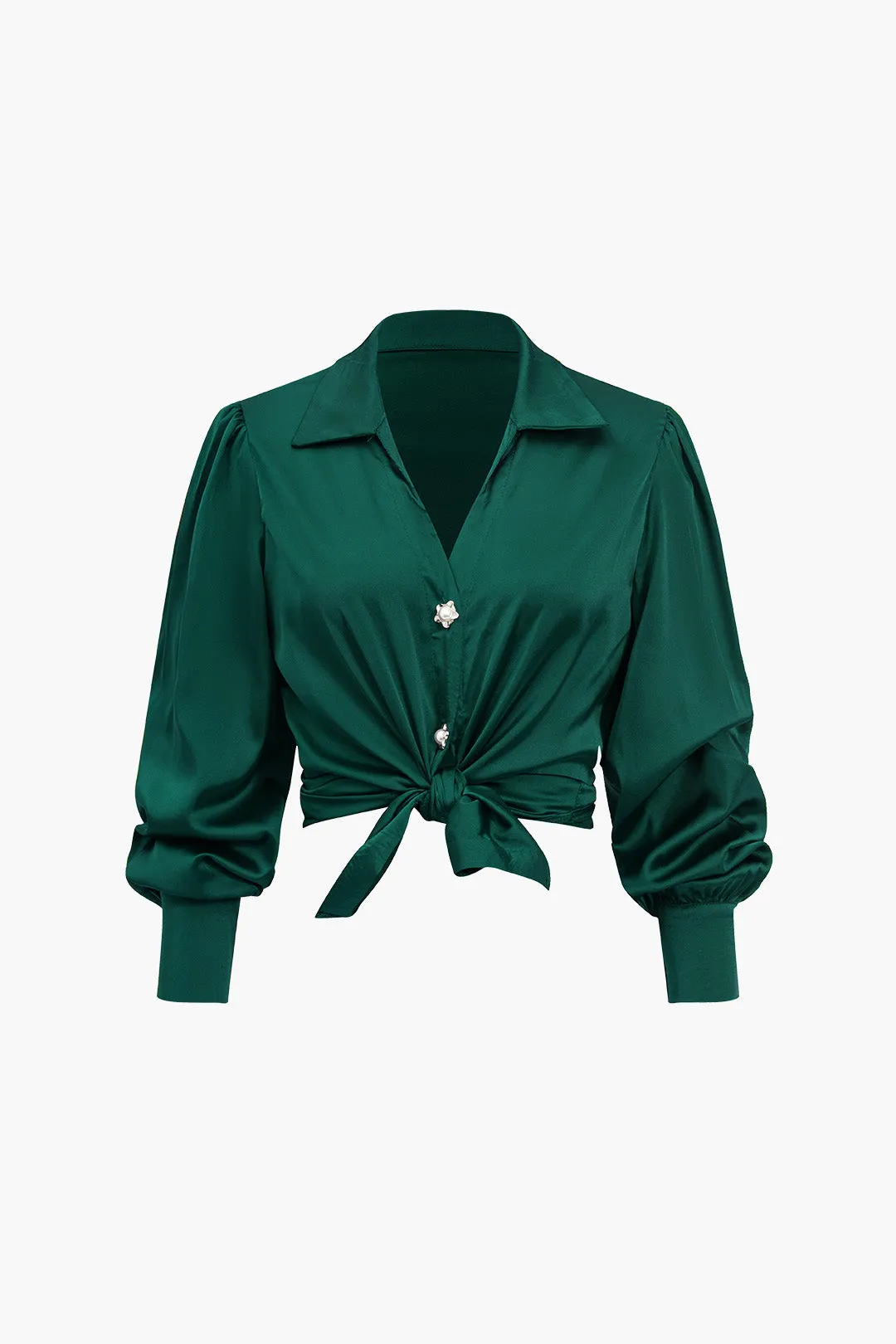 Solid Satin Button Long-Sleeve Shirt in Loose Fit