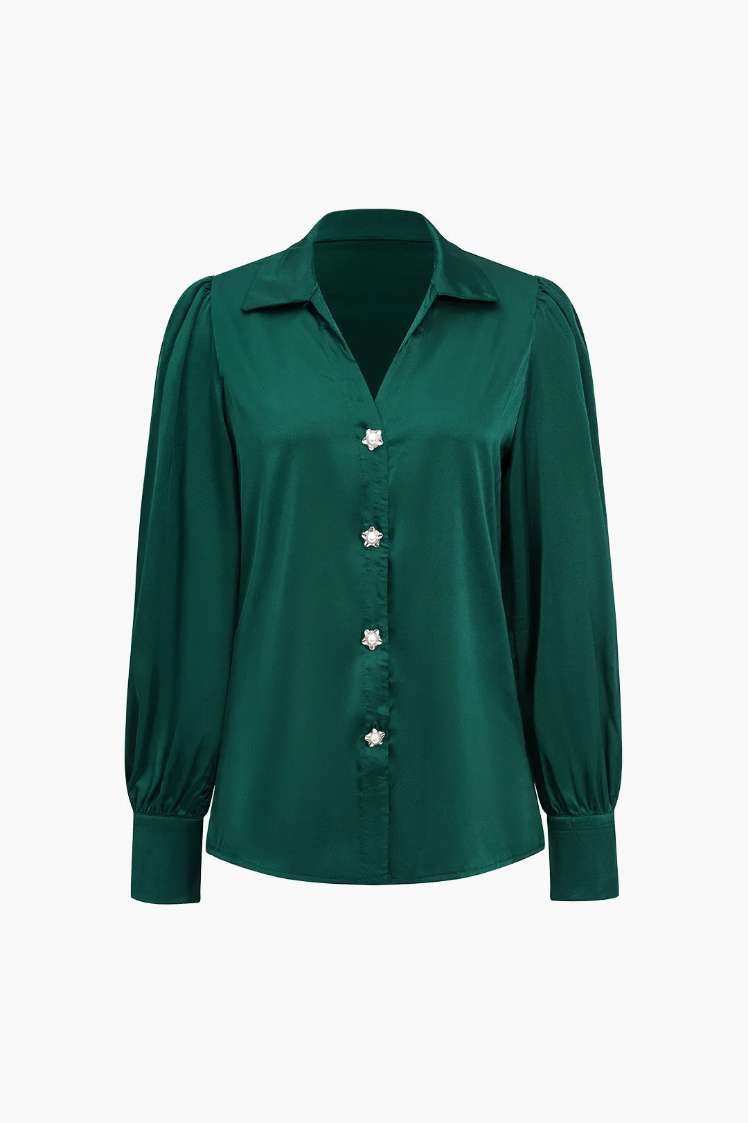Solid Satin Button Long-Sleeve Shirt in Loose Fit