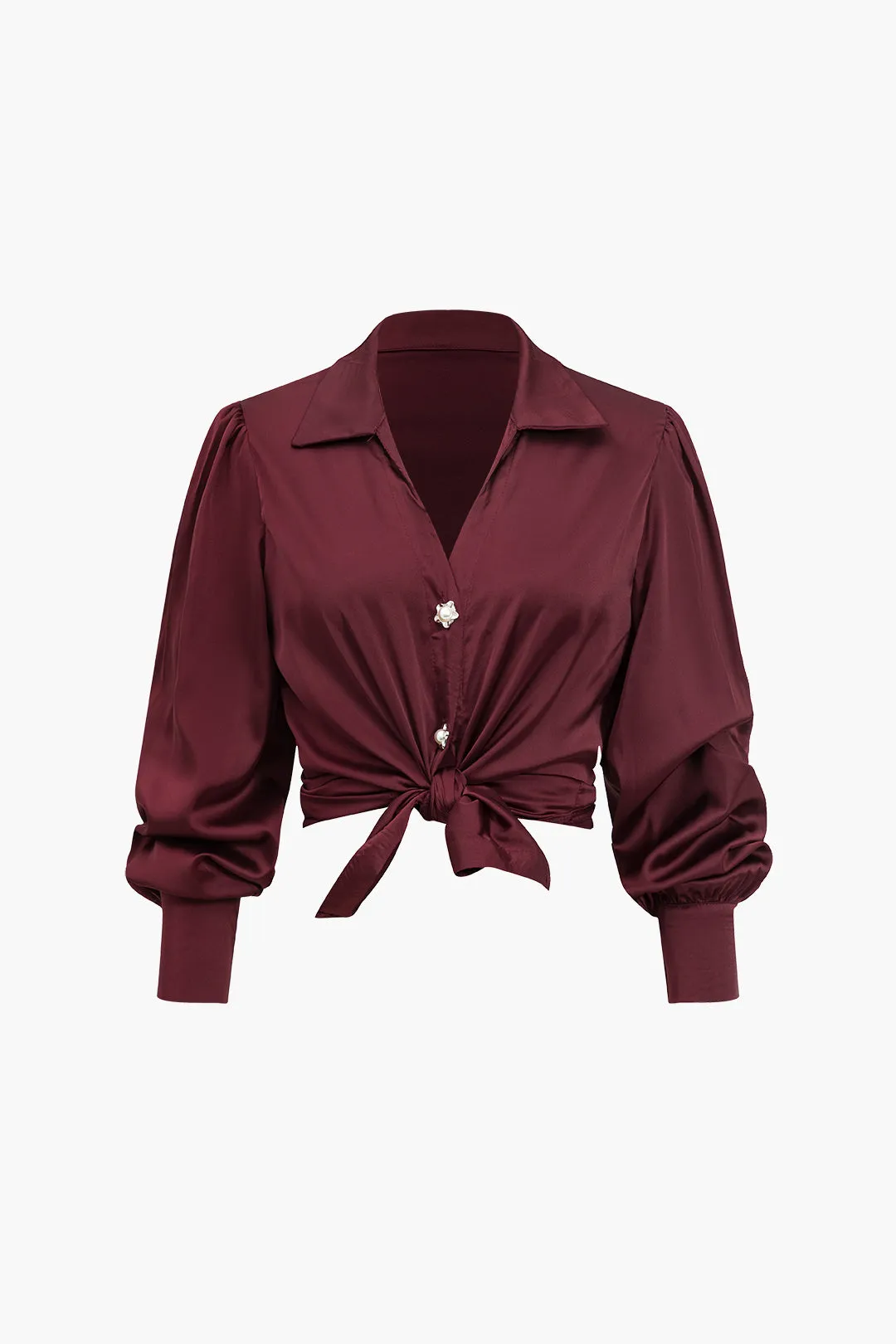 Solid Satin Button Long-Sleeve Shirt in Loose Fit