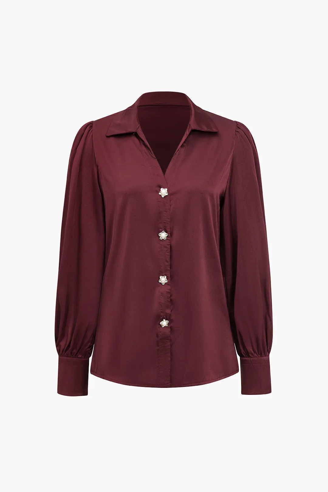 Solid Satin Button Long-Sleeve Shirt in Loose Fit
