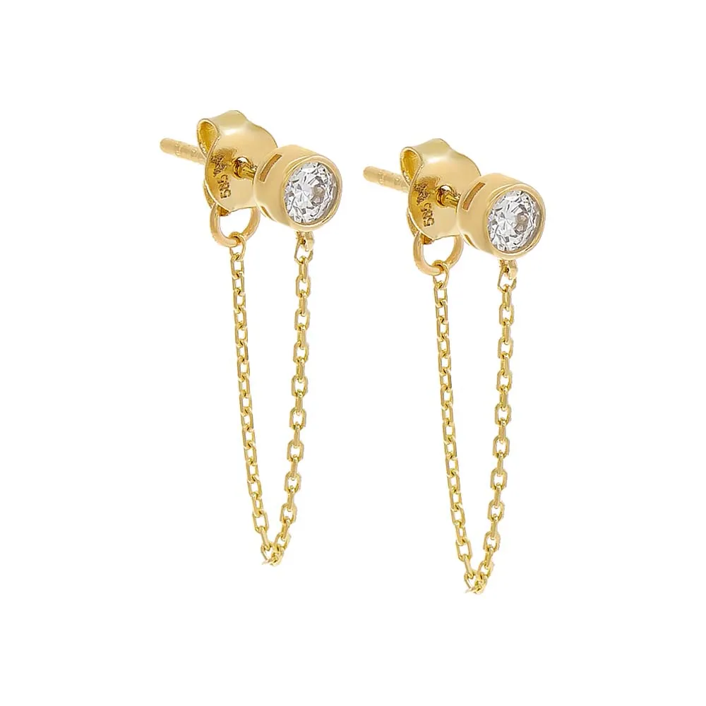 Solitaire Bezel Chain Front Back Stud Earring 14K