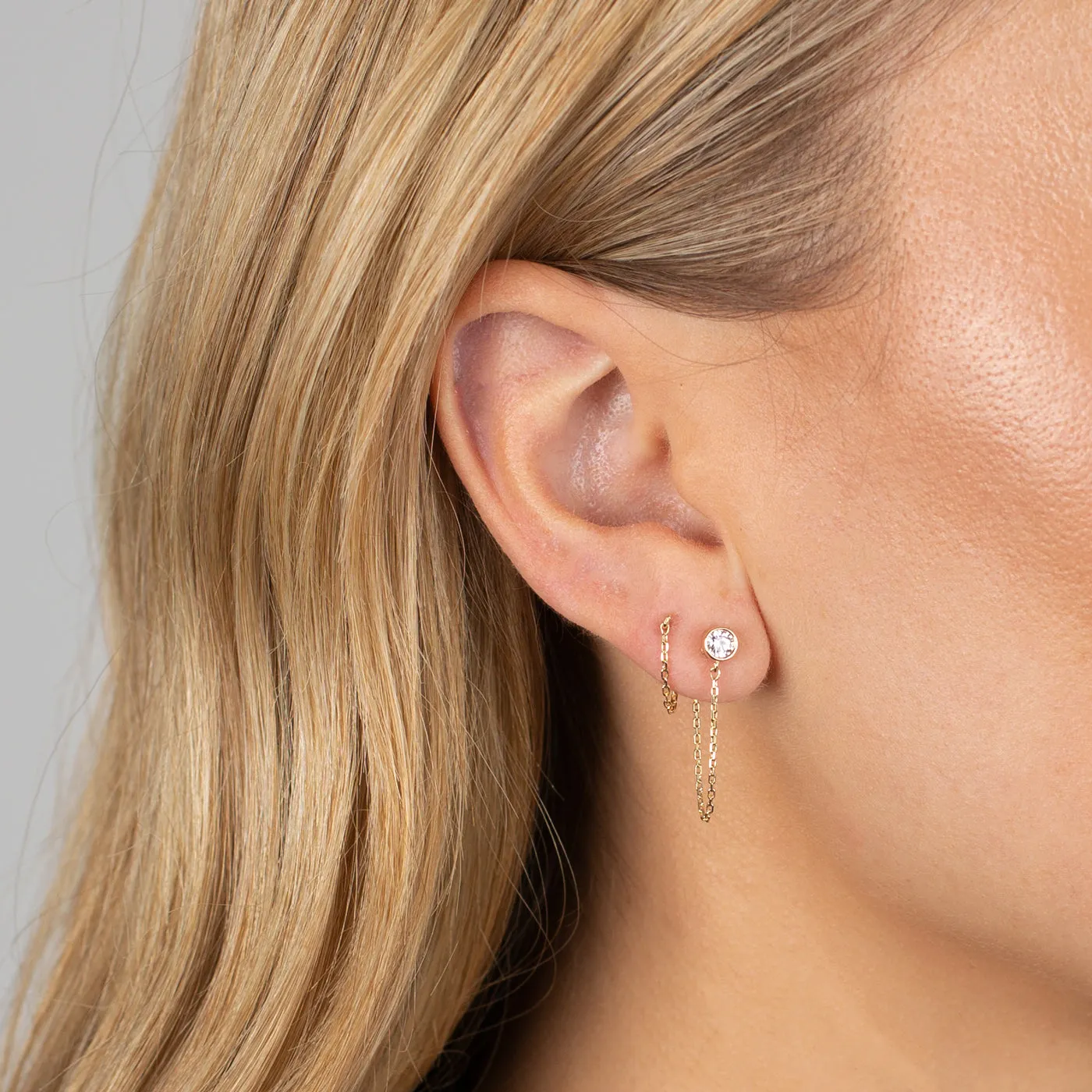 Solitaire Bezel Chain Front Back Stud Earring 14K