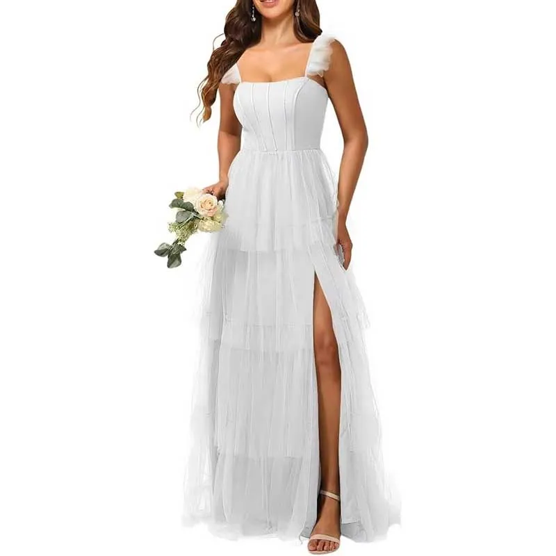 Spaghetti Straps Bridesmaid Dress Tulle Ruffles Ball Gown Home Coming Dress