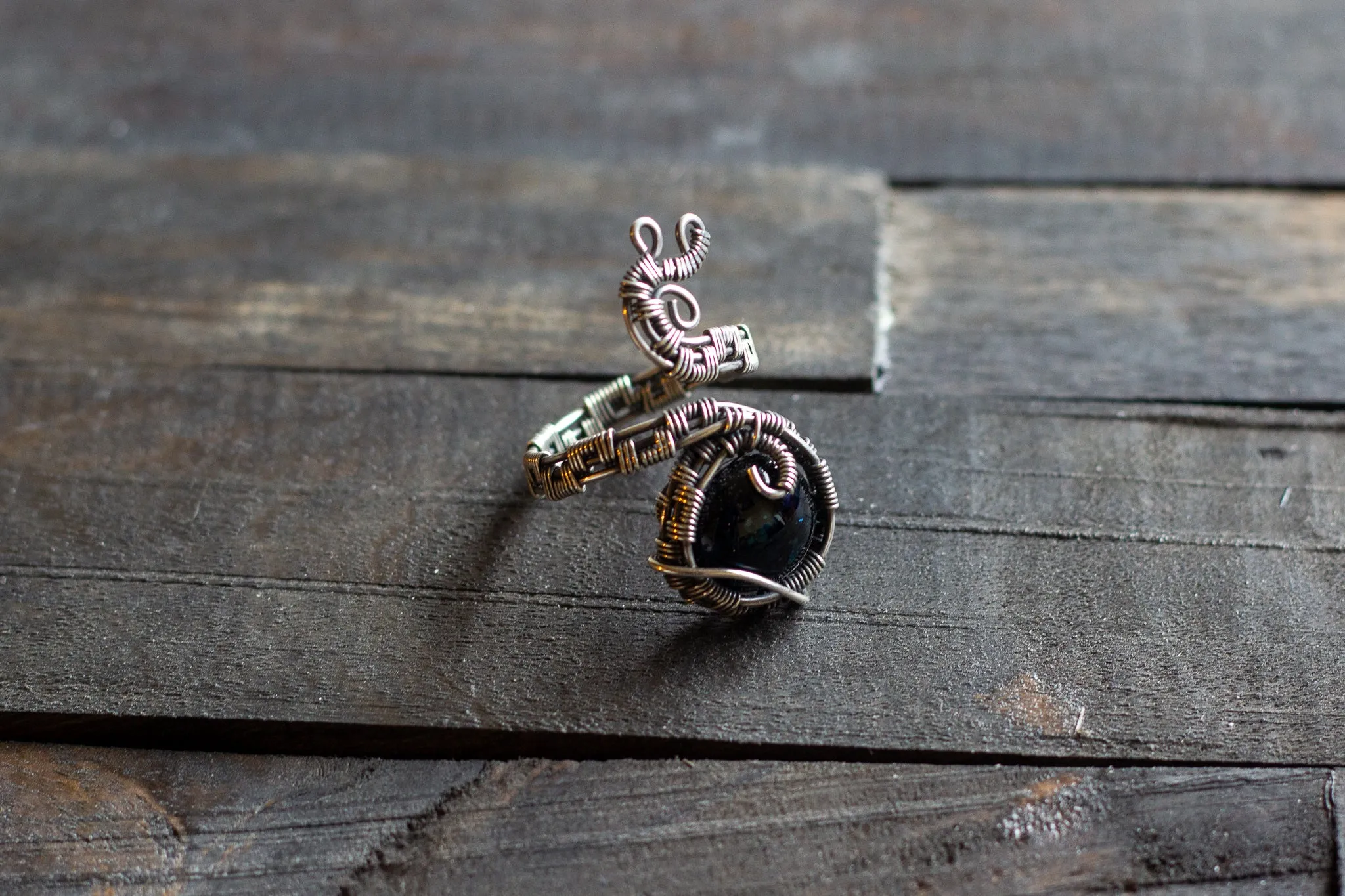 Sterling Silver Adjustable Ring with Glittery Dichroic Blue Fused Glass Accent