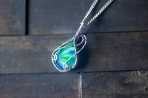 Sterling Silver Teardrop Pendant with Blue and Green Fused Glass