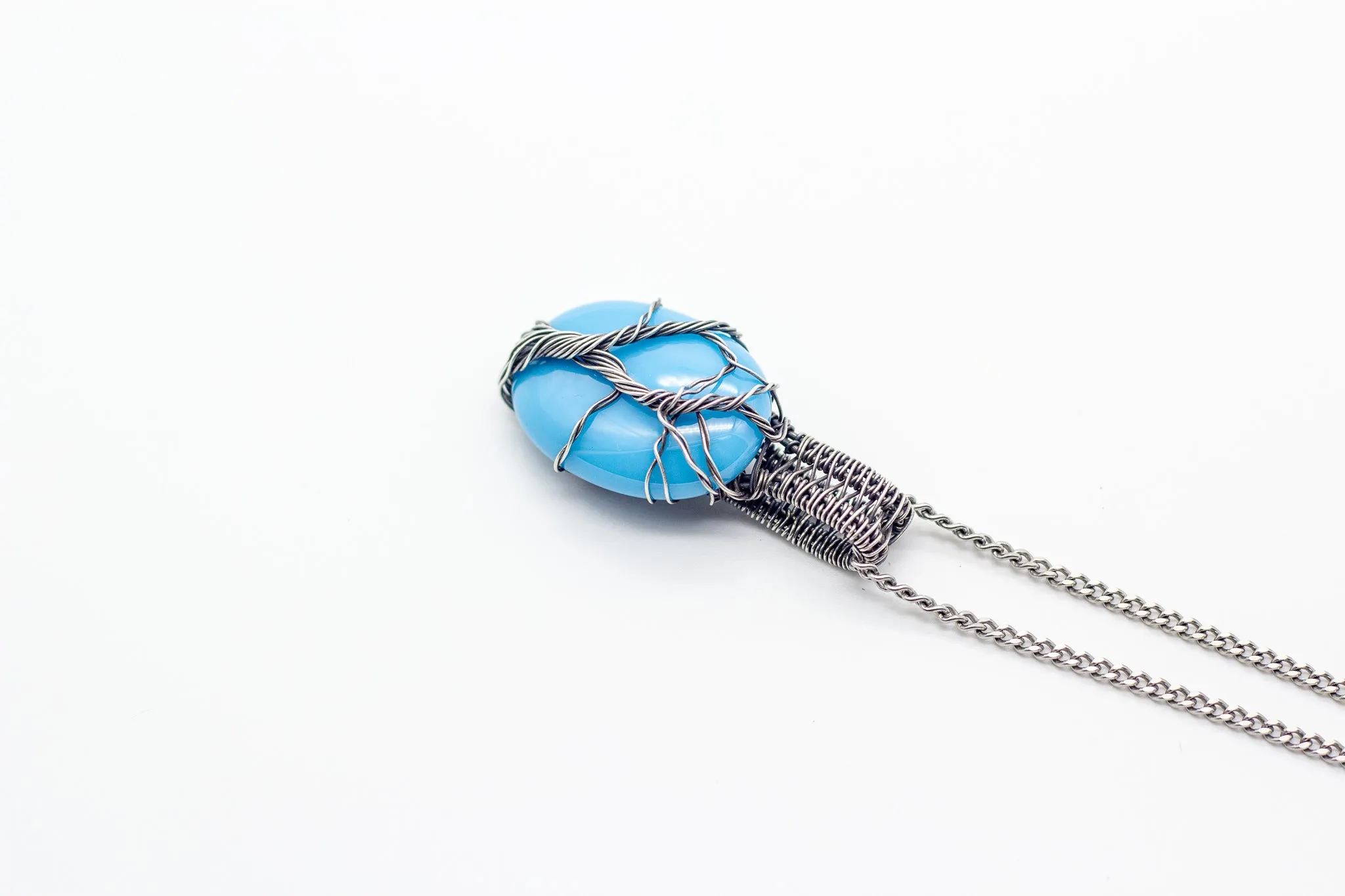 Sterling Silver Tree of Life Pendant with Baby Blue Fused Glass
