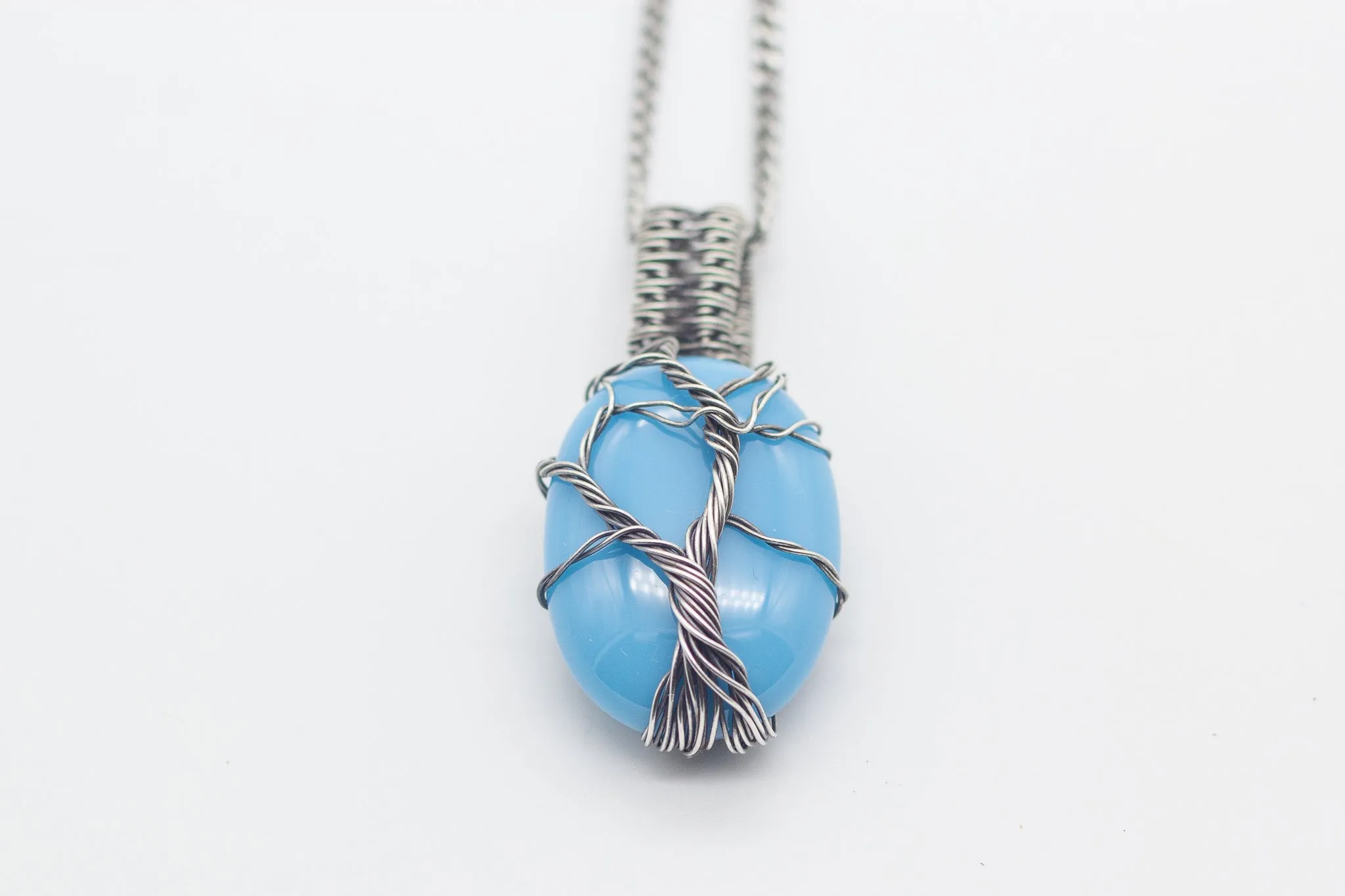 Sterling Silver Tree of Life Pendant with Baby Blue Fused Glass