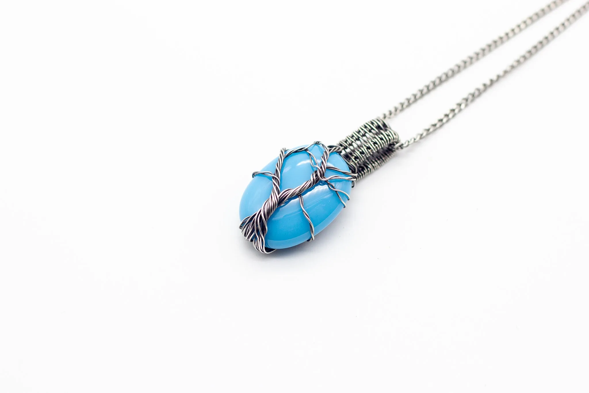 Sterling Silver Tree of Life Pendant with Baby Blue Fused Glass