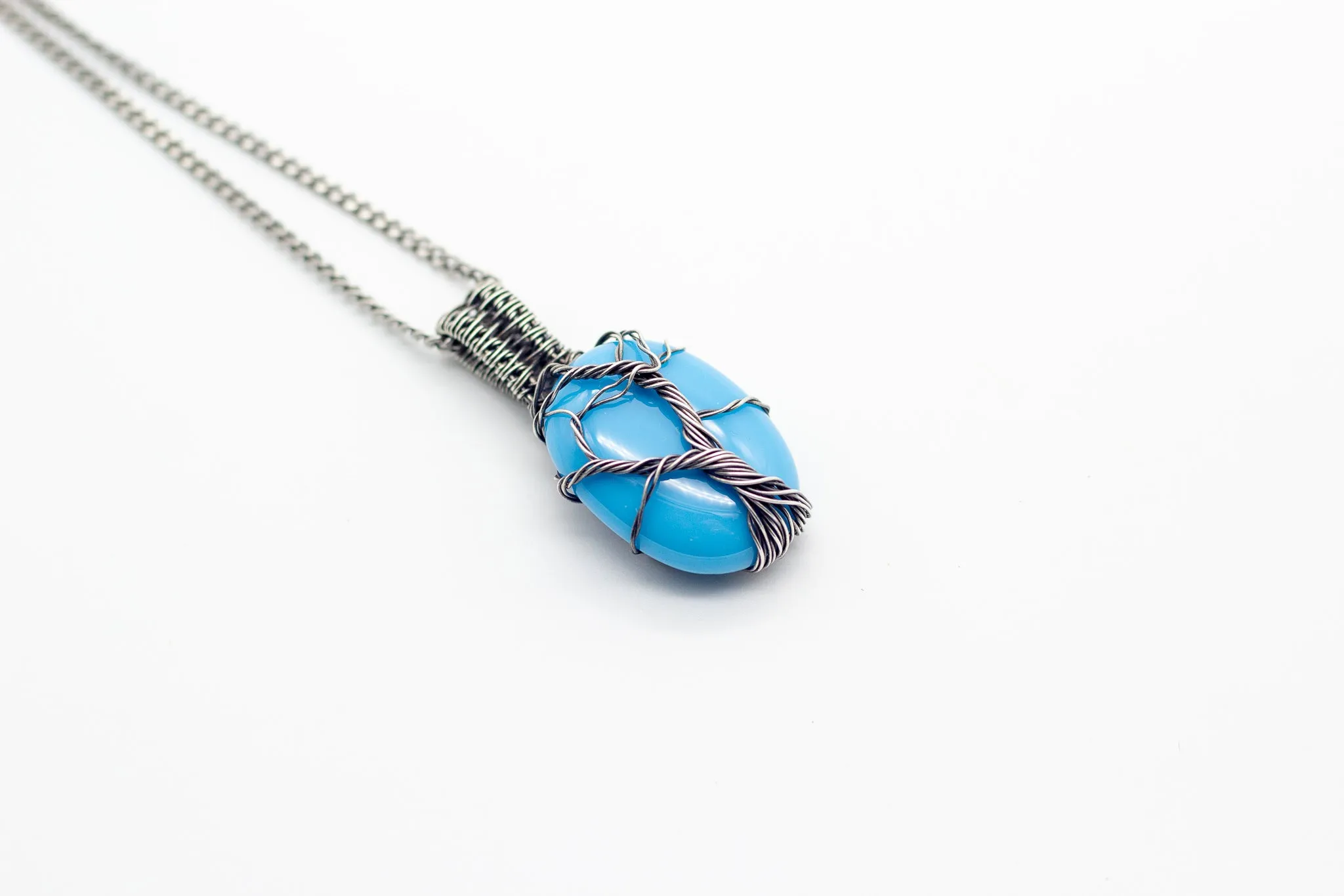 Sterling Silver Tree of Life Pendant with Baby Blue Fused Glass
