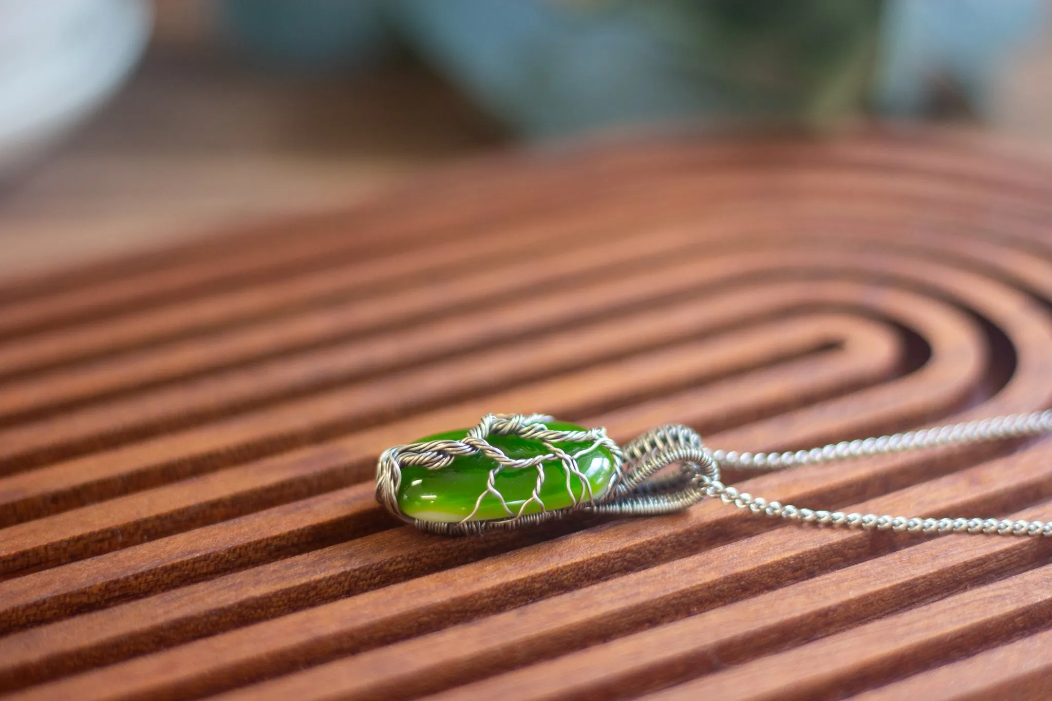 Sterling Silver Tree of Life Pendant with Green Fused Glass