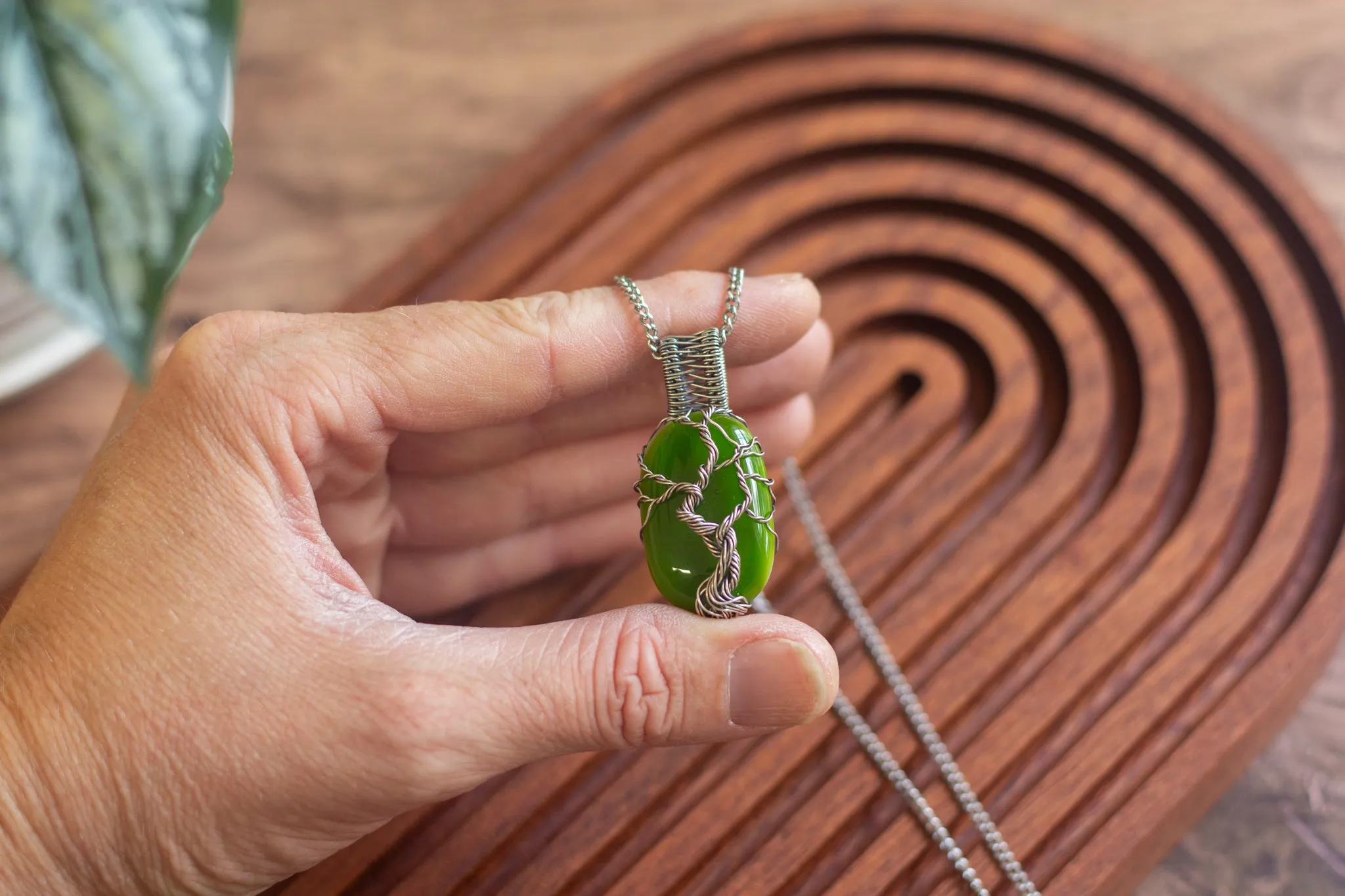Sterling Silver Tree of Life Pendant with Green Fused Glass