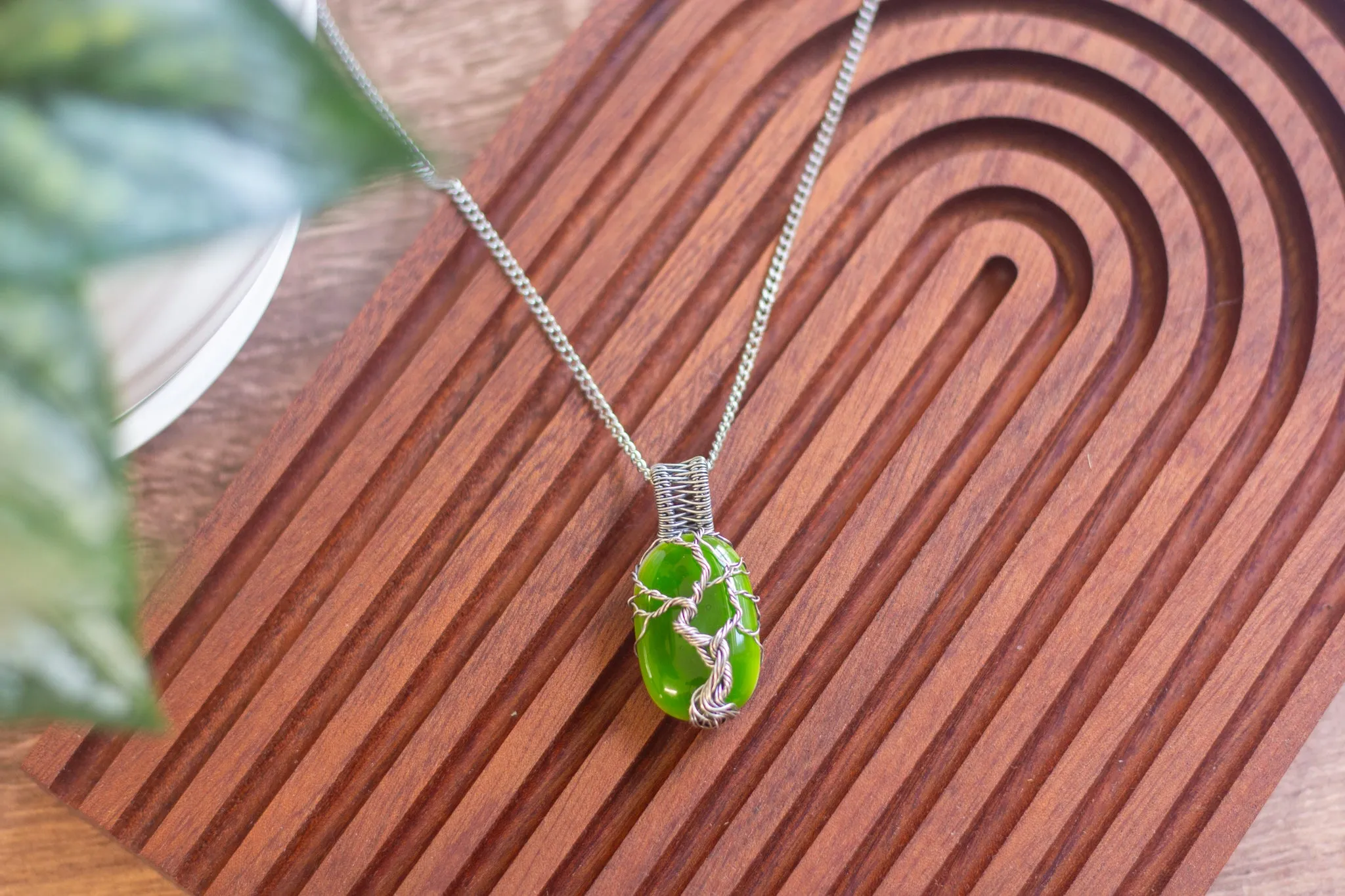 Sterling Silver Tree of Life Pendant with Green Fused Glass