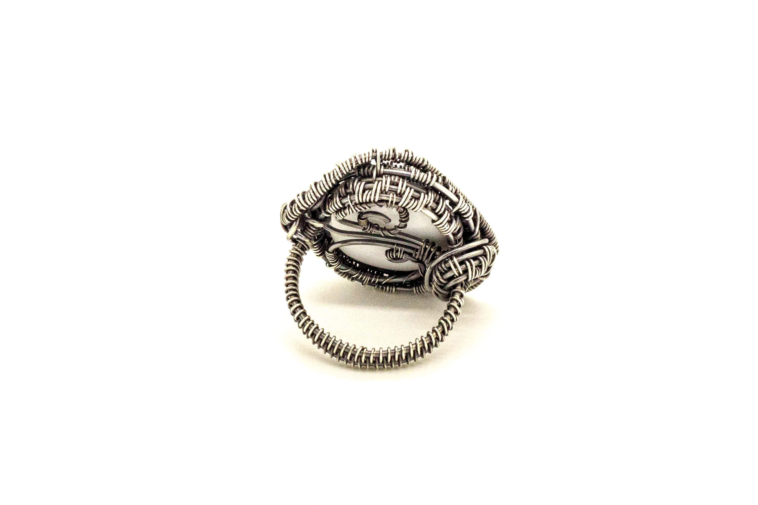 Sterling Silver Wire Wrapped Statement Ring with Blue Dichroic Fused Glass