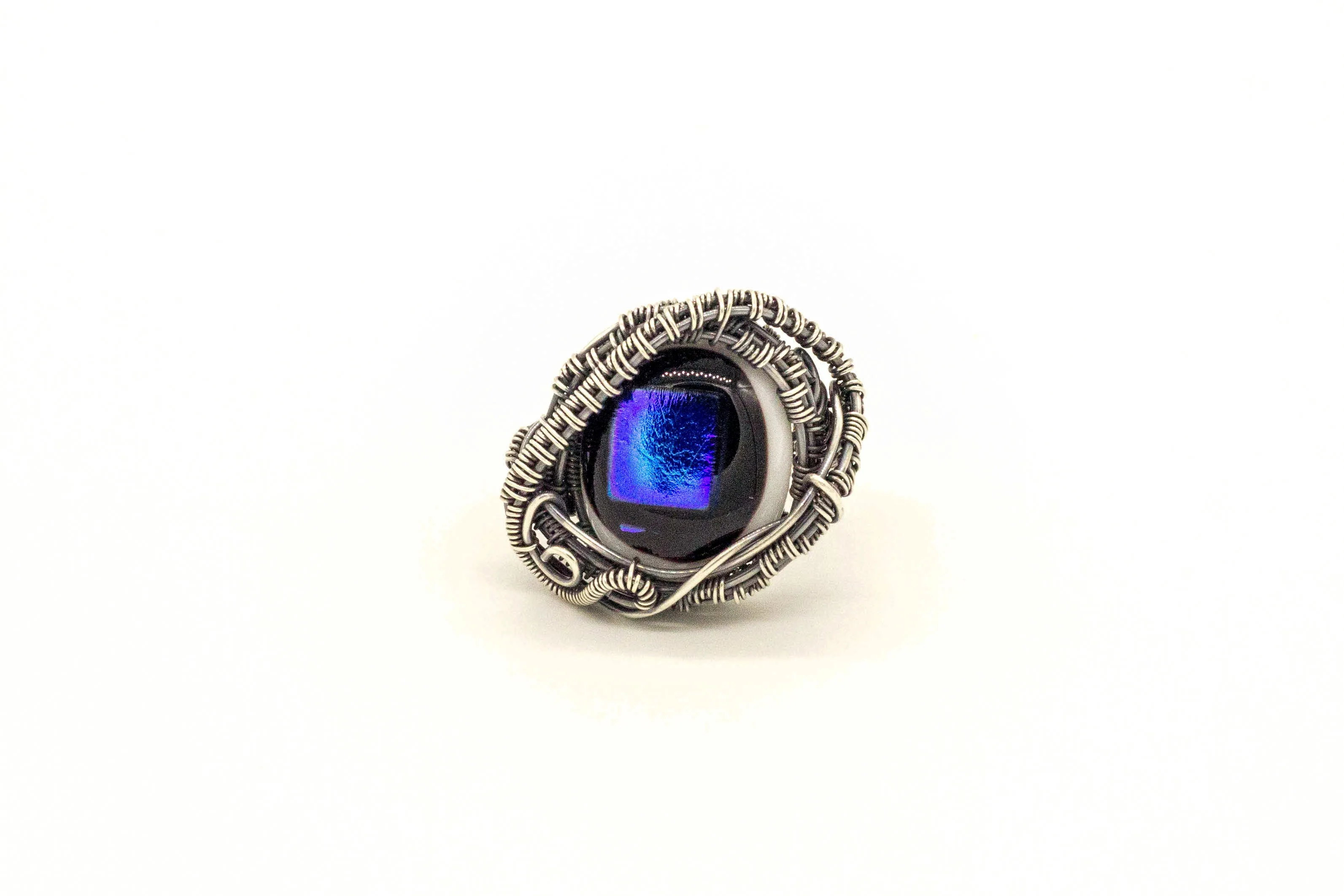 Sterling Silver Wire Wrapped Statement Ring with Blue Dichroic Fused Glass
