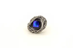 Sterling Silver Wire Wrapped Statement Ring with Blue Dichroic Fused Glass