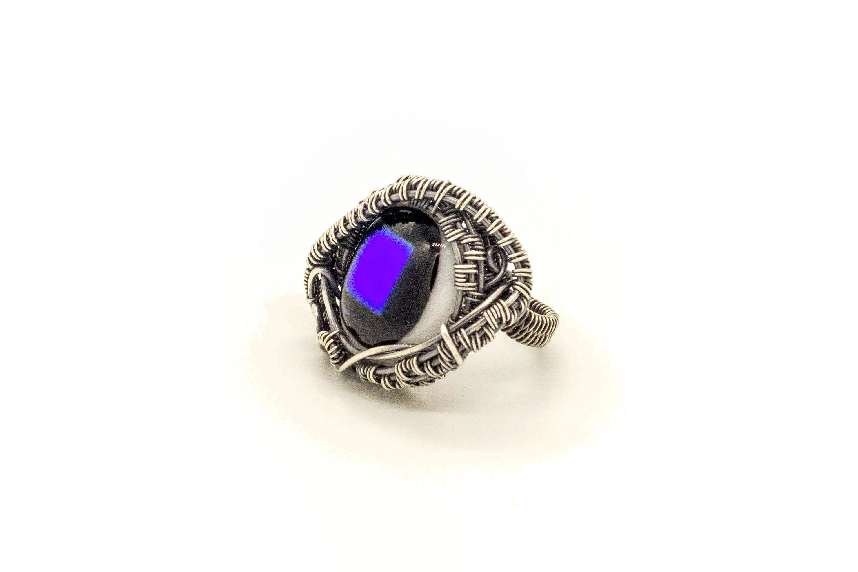 Sterling Silver Wire Wrapped Statement Ring with Blue Dichroic Fused Glass