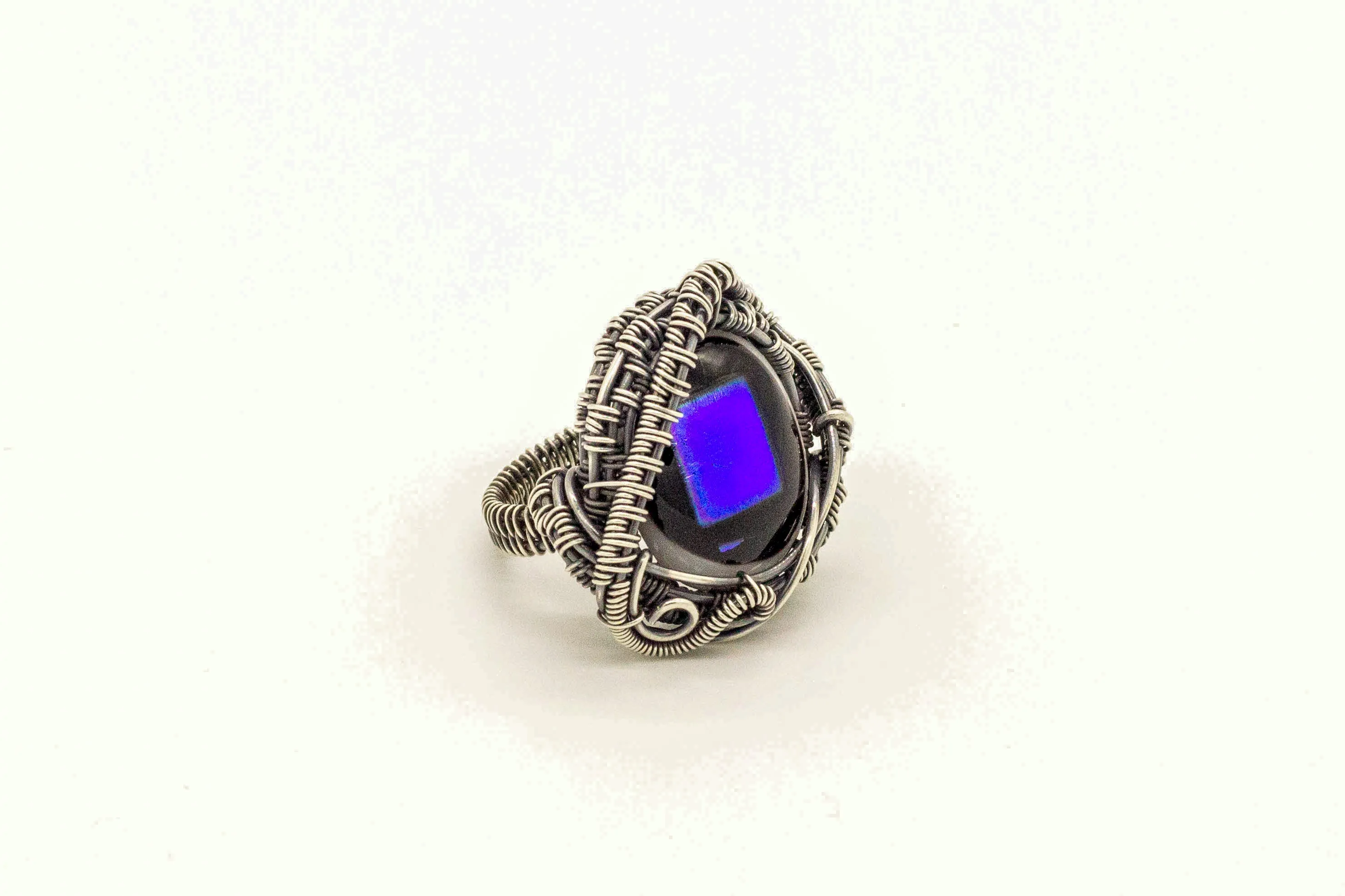 Sterling Silver Wire Wrapped Statement Ring with Blue Dichroic Fused Glass