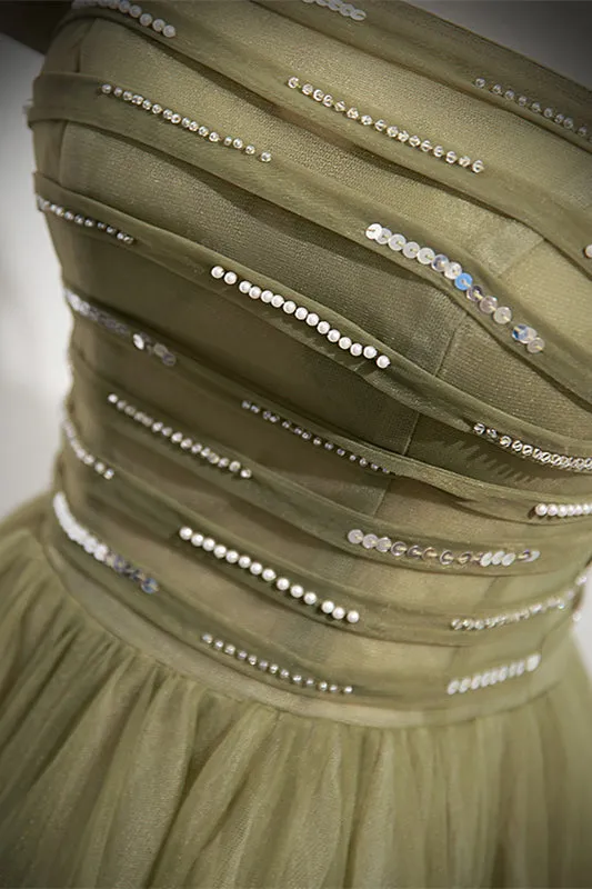 Strapless Green Tulle A-line Long Formal Dress