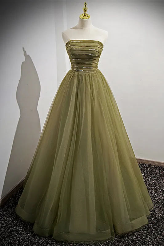 Strapless Green Tulle A-line Long Formal Dress