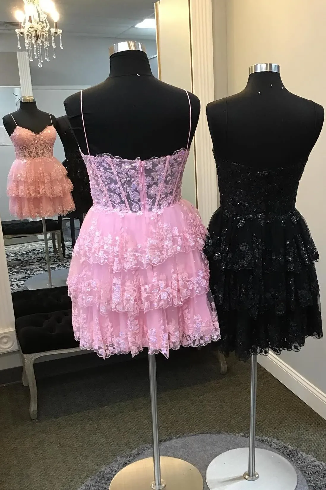 Straps Pink Appliques A-line Short Ruffle Homecoming Dress