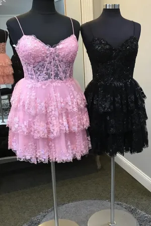 Straps Pink Appliques A-line Short Ruffle Homecoming Dress