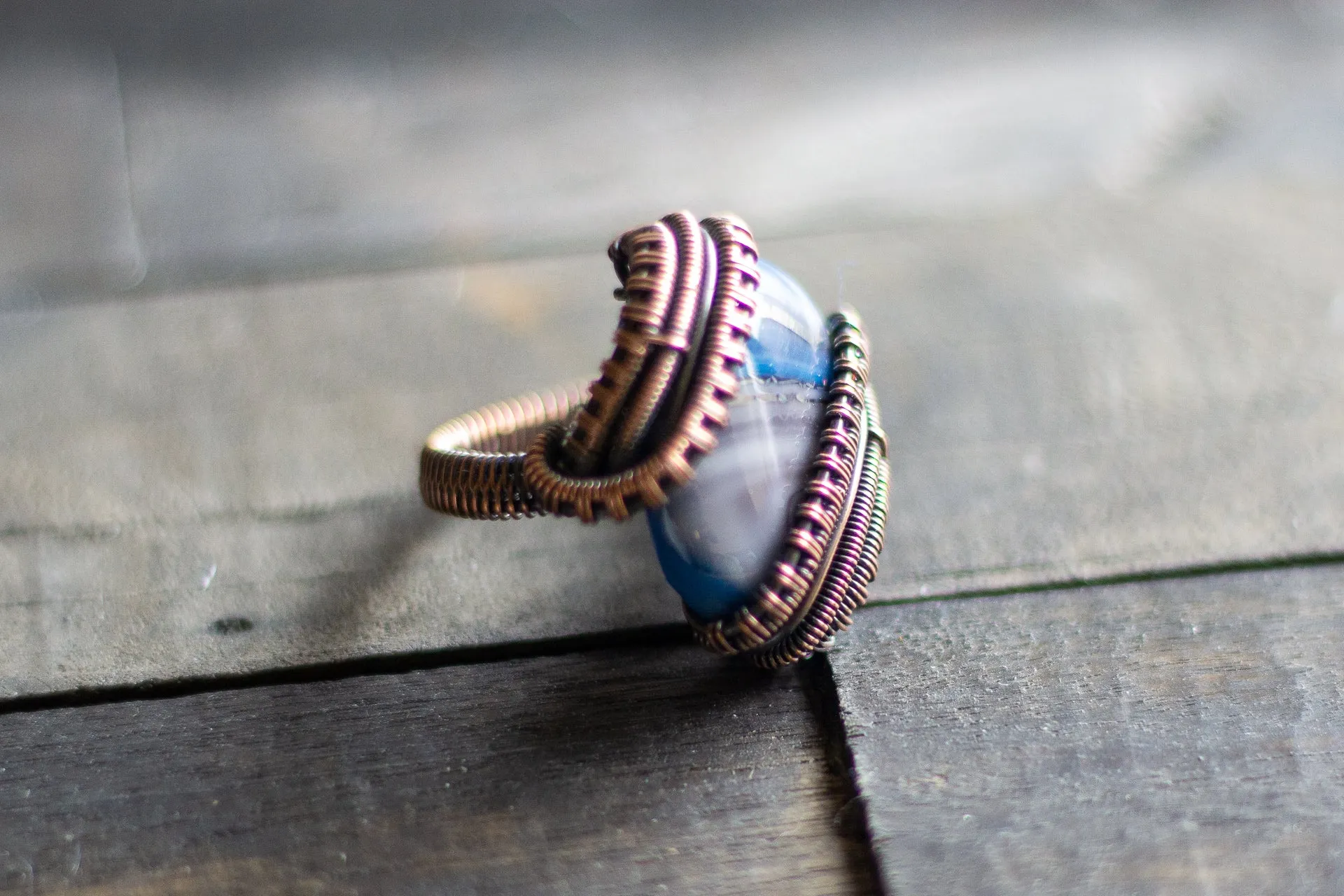 Streaked Blue and Grey Fused Glass and Copper Statement Ring
