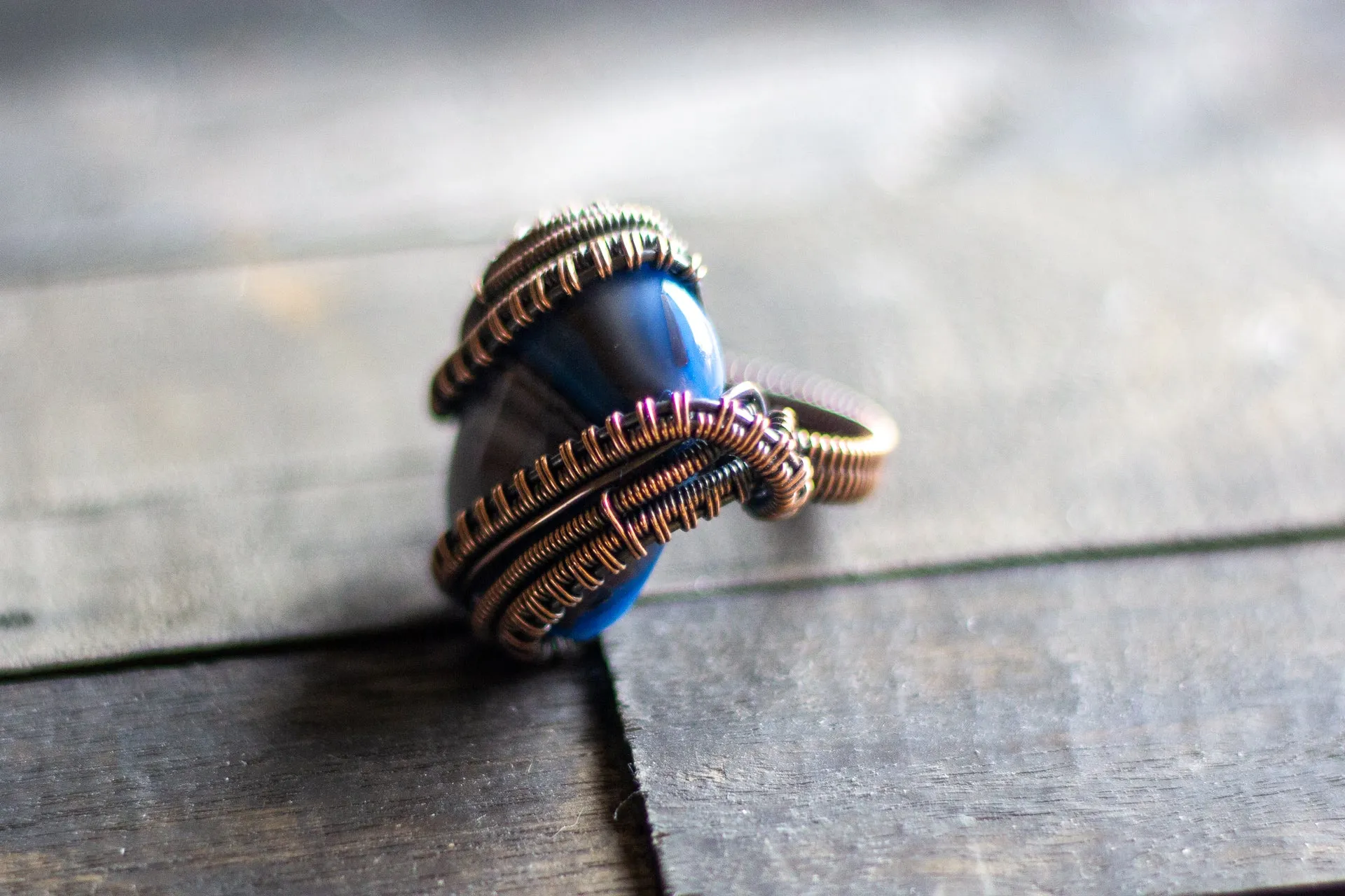 Streaked Blue and Grey Fused Glass and Copper Statement Ring