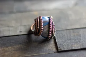 Streaked Blue and Grey Fused Glass and Copper Statement Ring