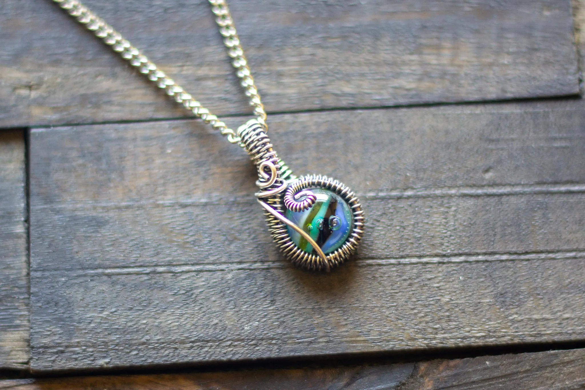 Streaked Blues and Greens Fused Glass and Sterling Silver Mini Pendant