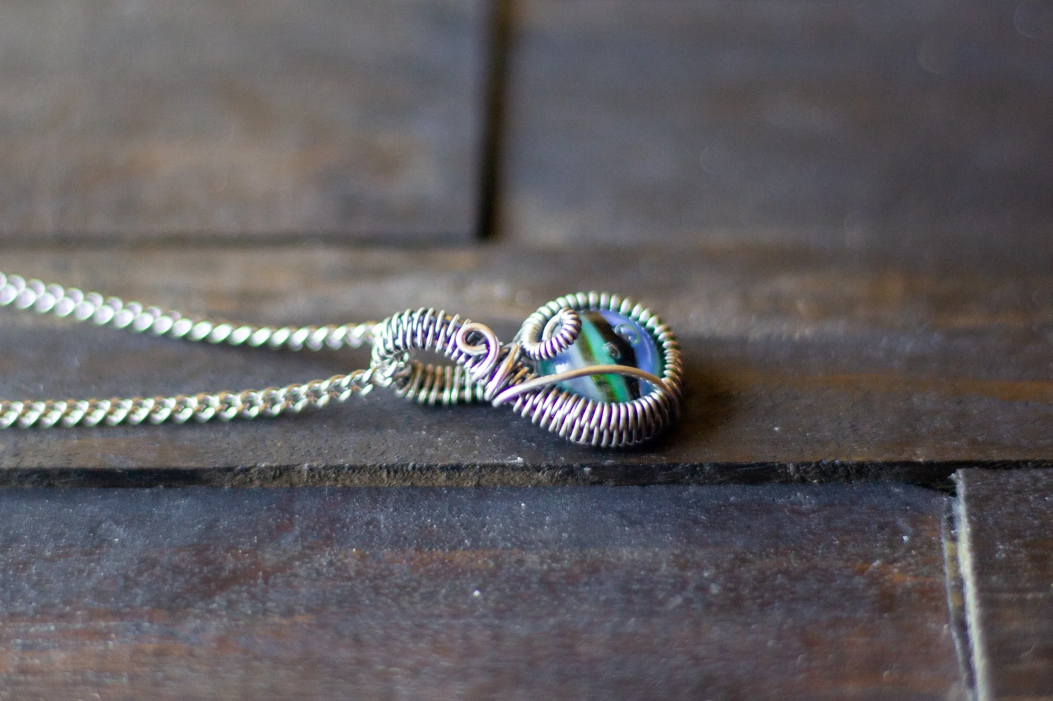 Streaked Blues and Greens Fused Glass and Sterling Silver Mini Pendant