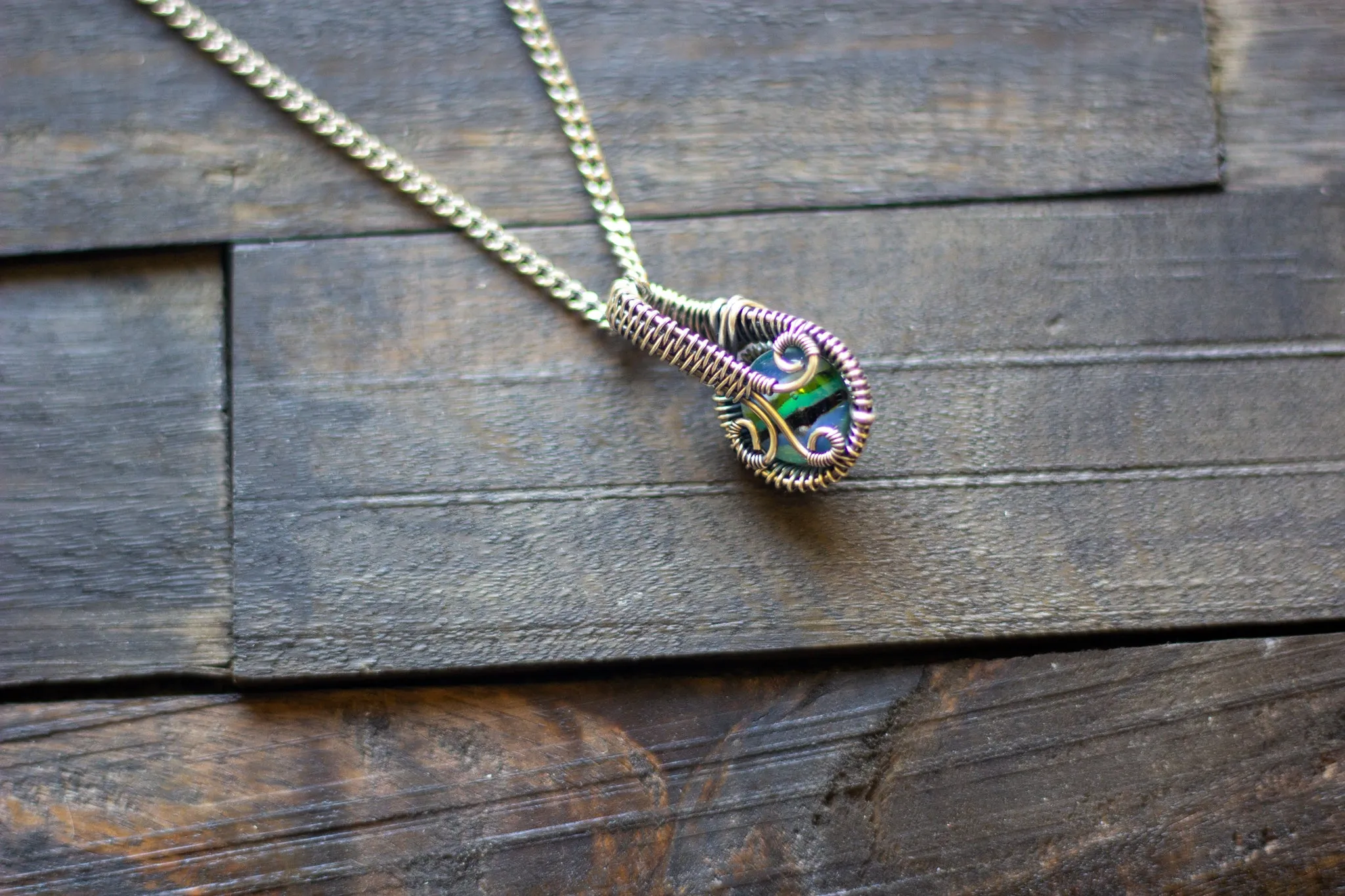 Streaked Blues and Greens Fused Glass and Sterling Silver Mini Pendant