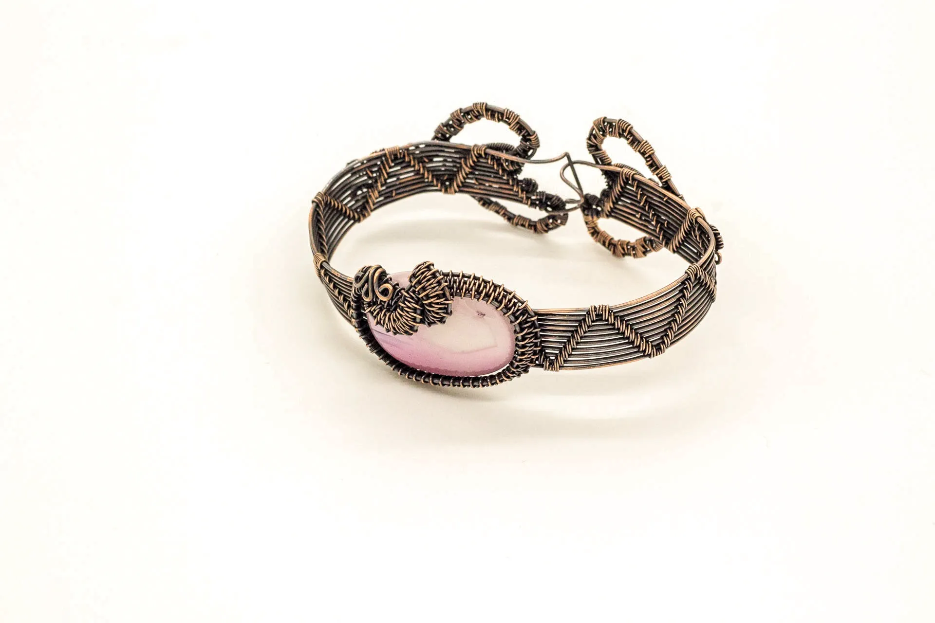 Streaked Cream, Pink and Purple Fused Glass and Wire Wrapped Bracelet